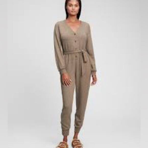 GAP Cocoa Brown Brushed Knit Button Front L/S Jumpsuit - Picture 1 of 10